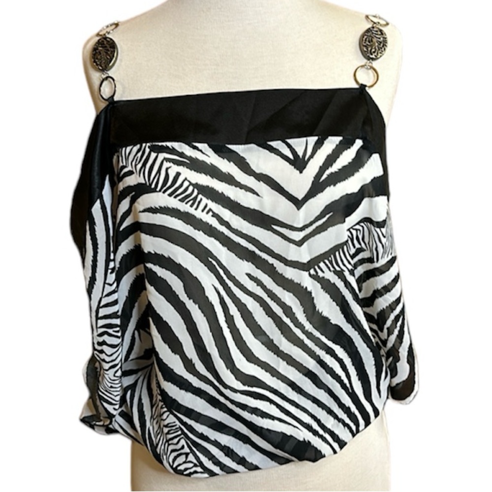 Papaya Zebra Print Cold Shoulder Sheer Blouse gathered waist, Medallion chains